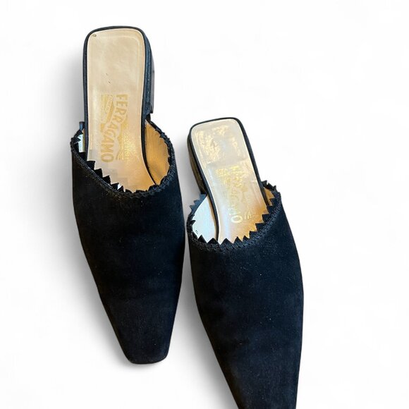 VTG Salvatore Ferragamo Black Suede Mules Size 9B Square Toe Slip On Italy - Picture 3 of 10